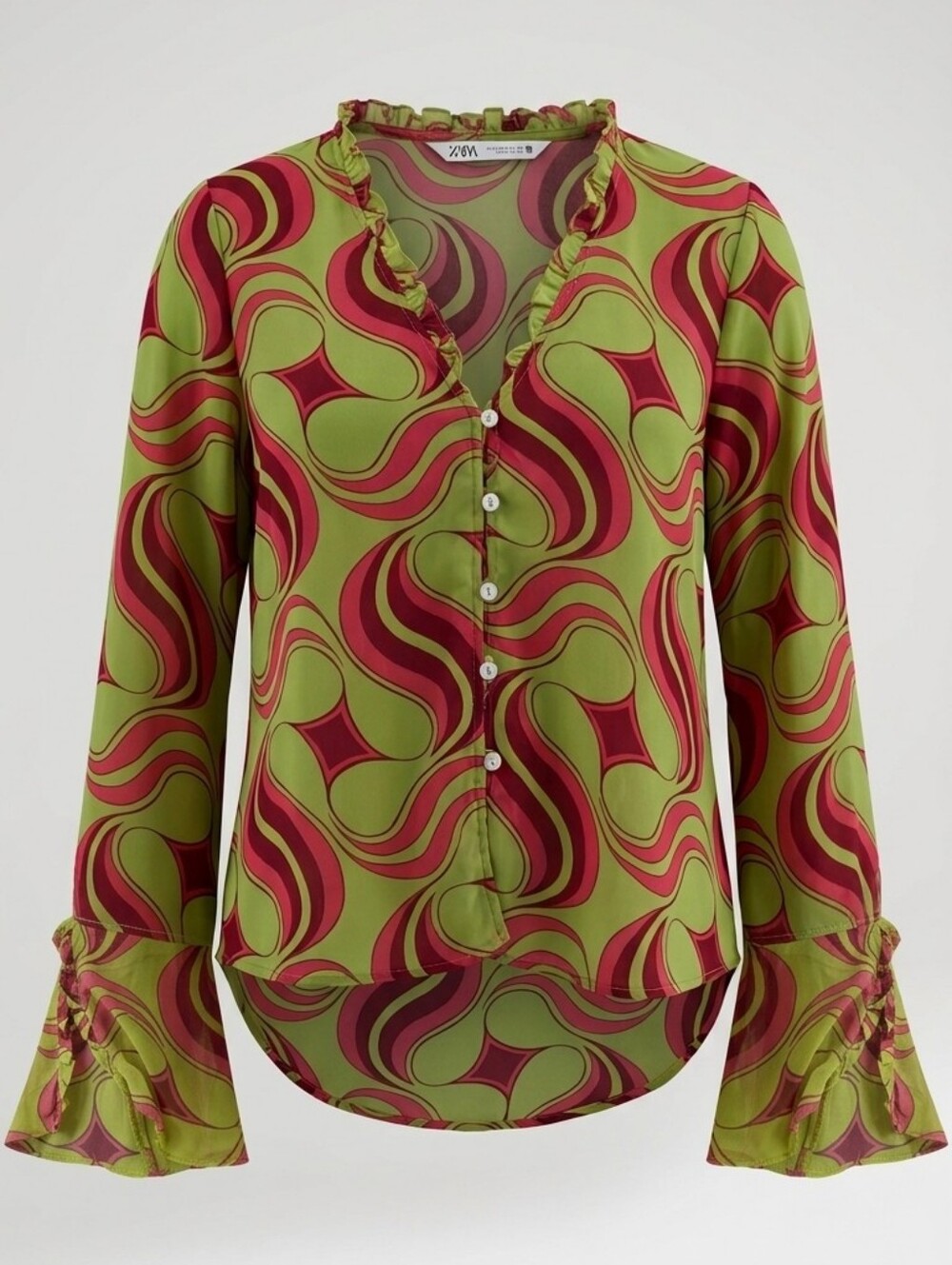 Zara Green Pink Semi Sheer Chiffon Retro Psychedelic Geometric Swirl Blouse S
